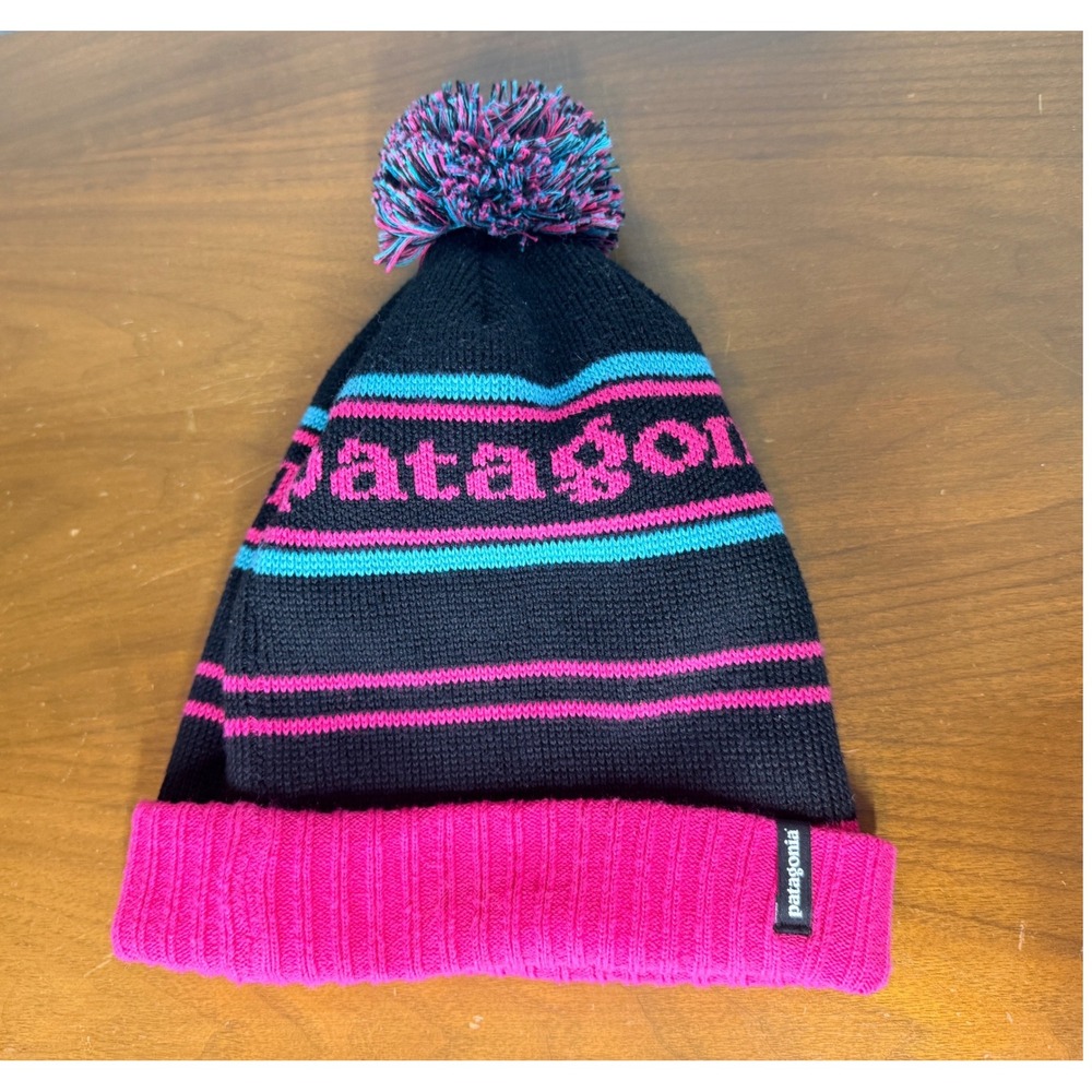 Patagonia Beanie Unisex OS Black Powder Town Pom Pom Knit Logo Striped
